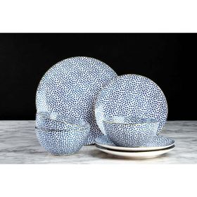 Dinnerware Black & White Dot Stoneware, 12 Piece Set (Actual Color: Blue)